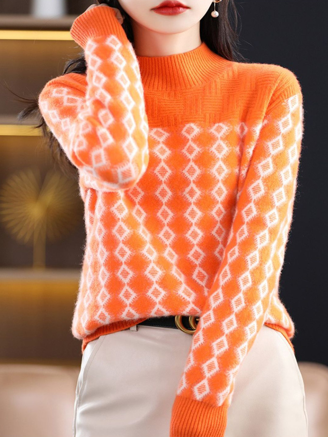StyleCast Women Argyle Pattern Mock Neck Sweater