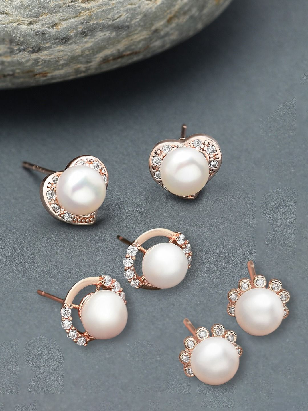 AMI Set Of 3 Rose Gold-Plated Cubic Zirconia Studded & Pearls Beaded Spherical Studs
