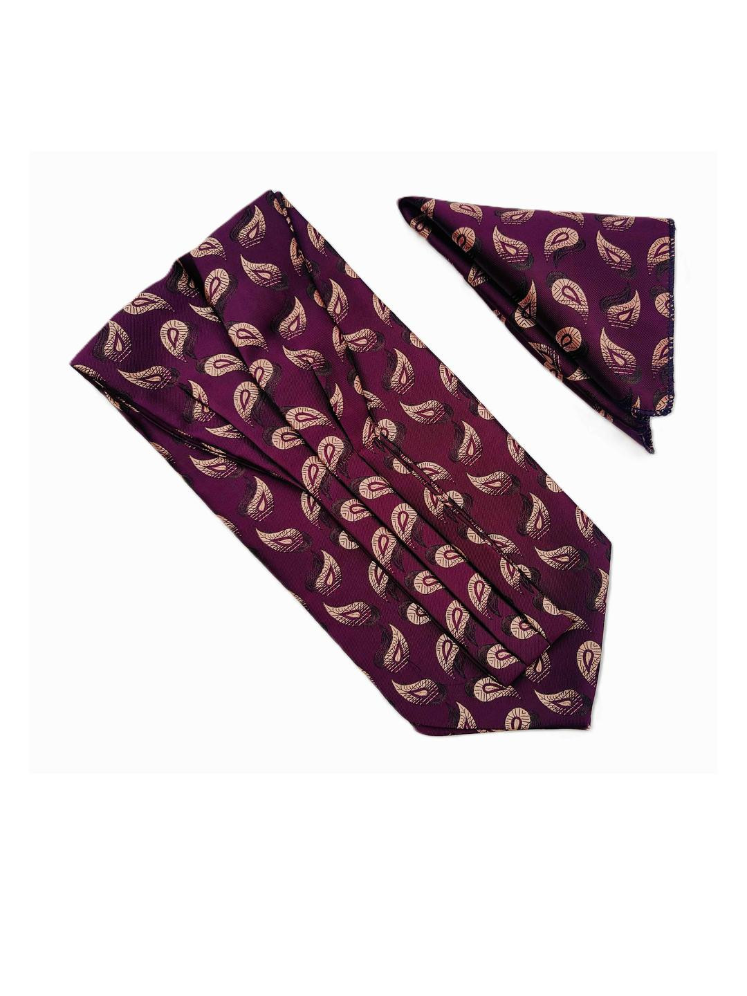 VOICI Purple Paisley Printed Ascot Tie & Pocket Square Combo