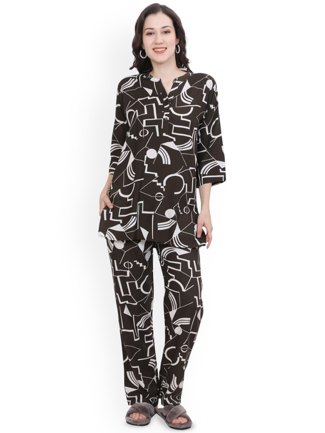 Ms.Lingies Women Printed Mandarin Collar Night suit