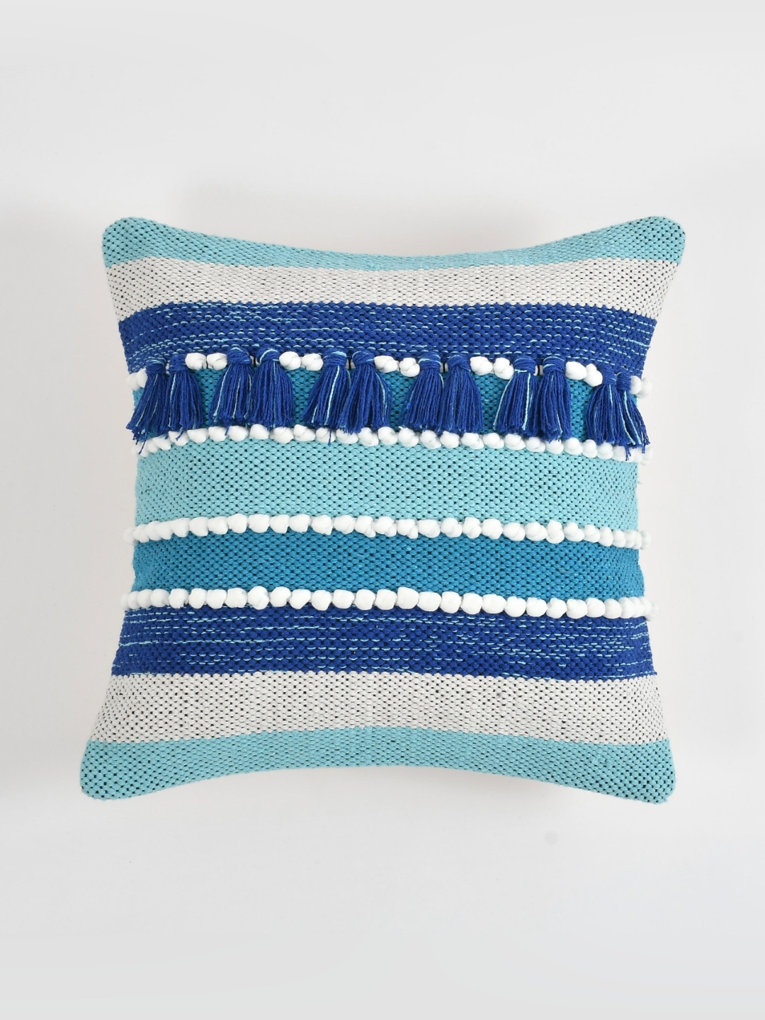 Textile and Beyond Blue Striped Woven Design Square Shaped Cotton Cushion Cover