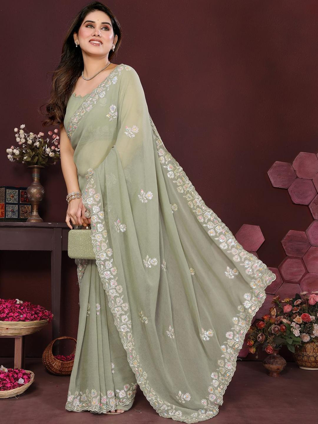 SILKWEAR Embellished Sequinned Cut work Border Pure Georgette Saree