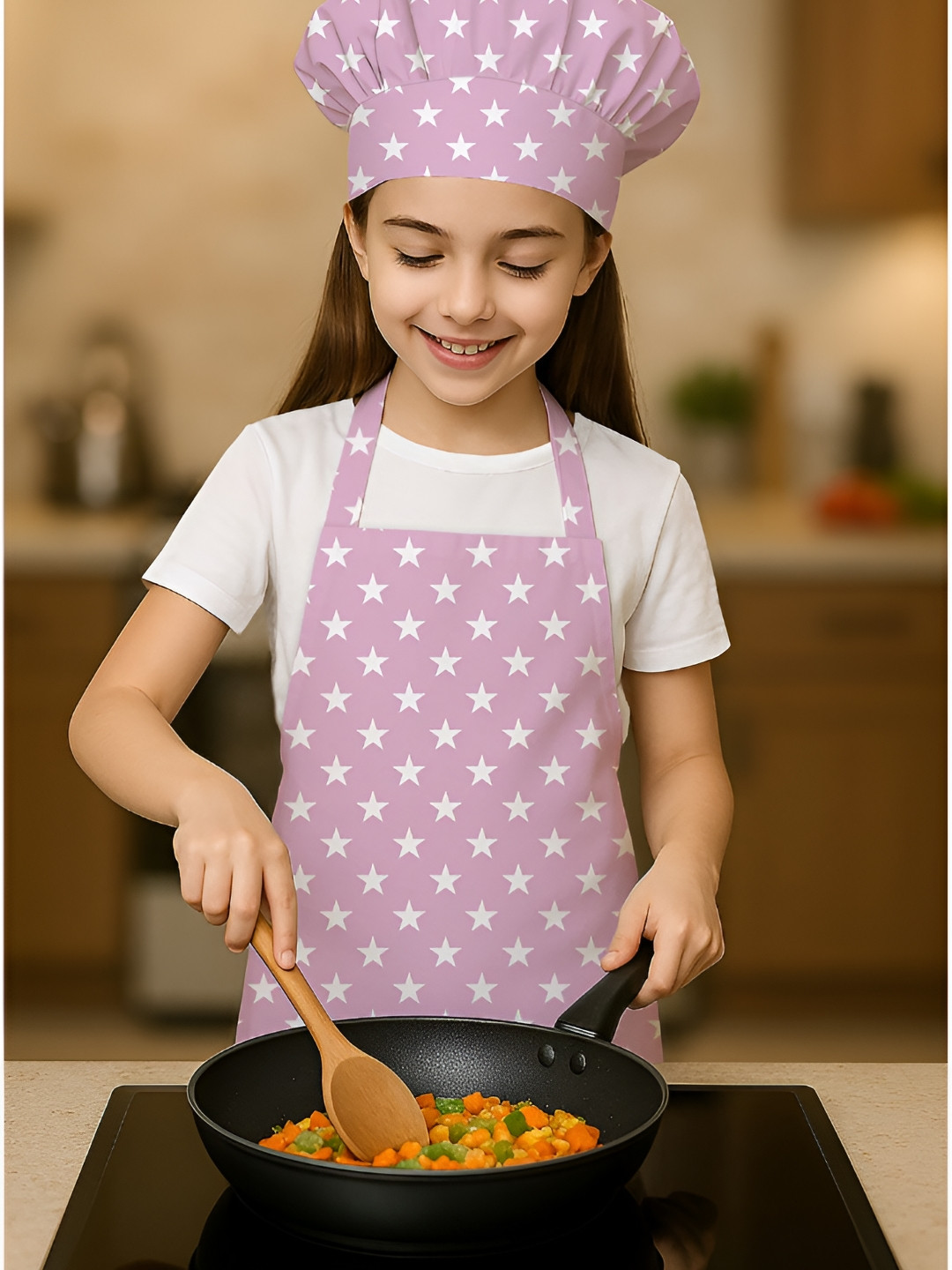 OASIS Girls Pink & White Printed Cotton Apron With Chef Cap