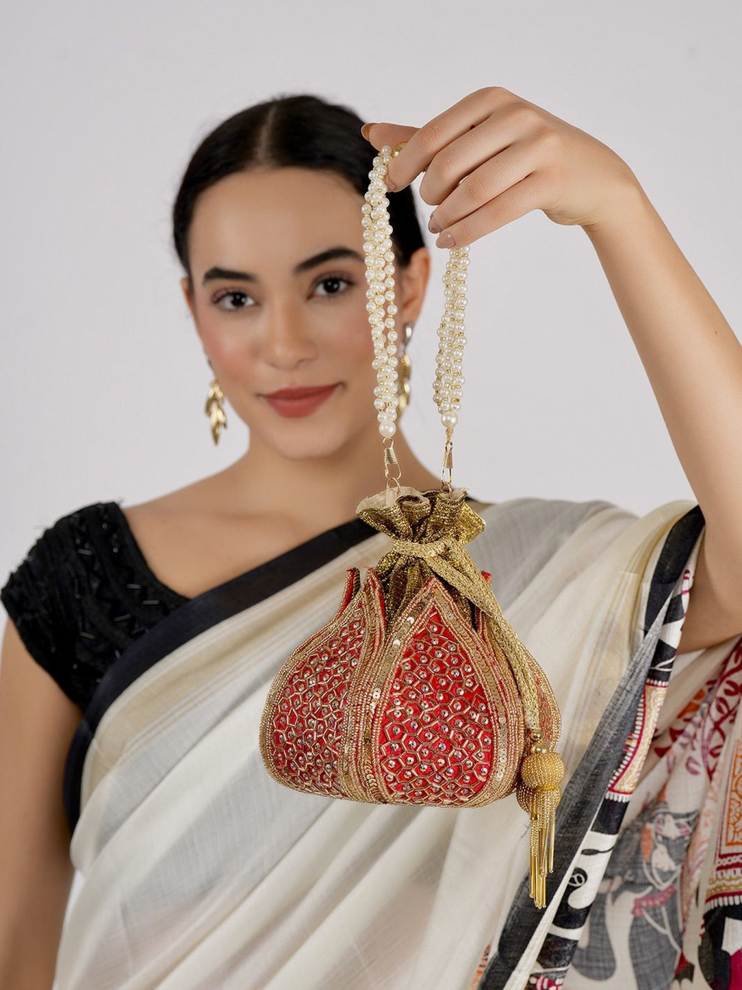 Anouk Embroidered Lotus Shaped Silk Potli Clutch