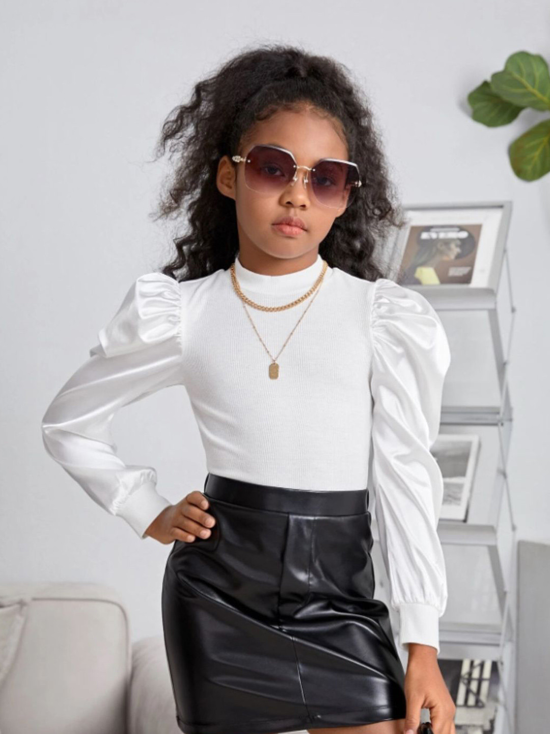 BAESD Girls Solid Long Sleeves Puff Sleeve Top