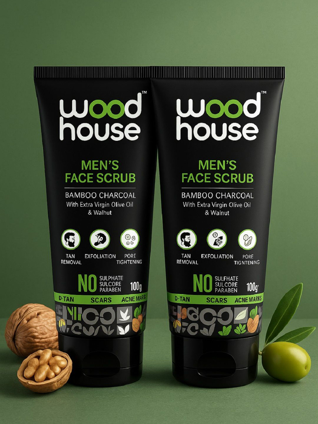 Wood House Set Of 2 Bamboo Charcoal Scrub With Olive Oil & Walnut- 100 ml Each