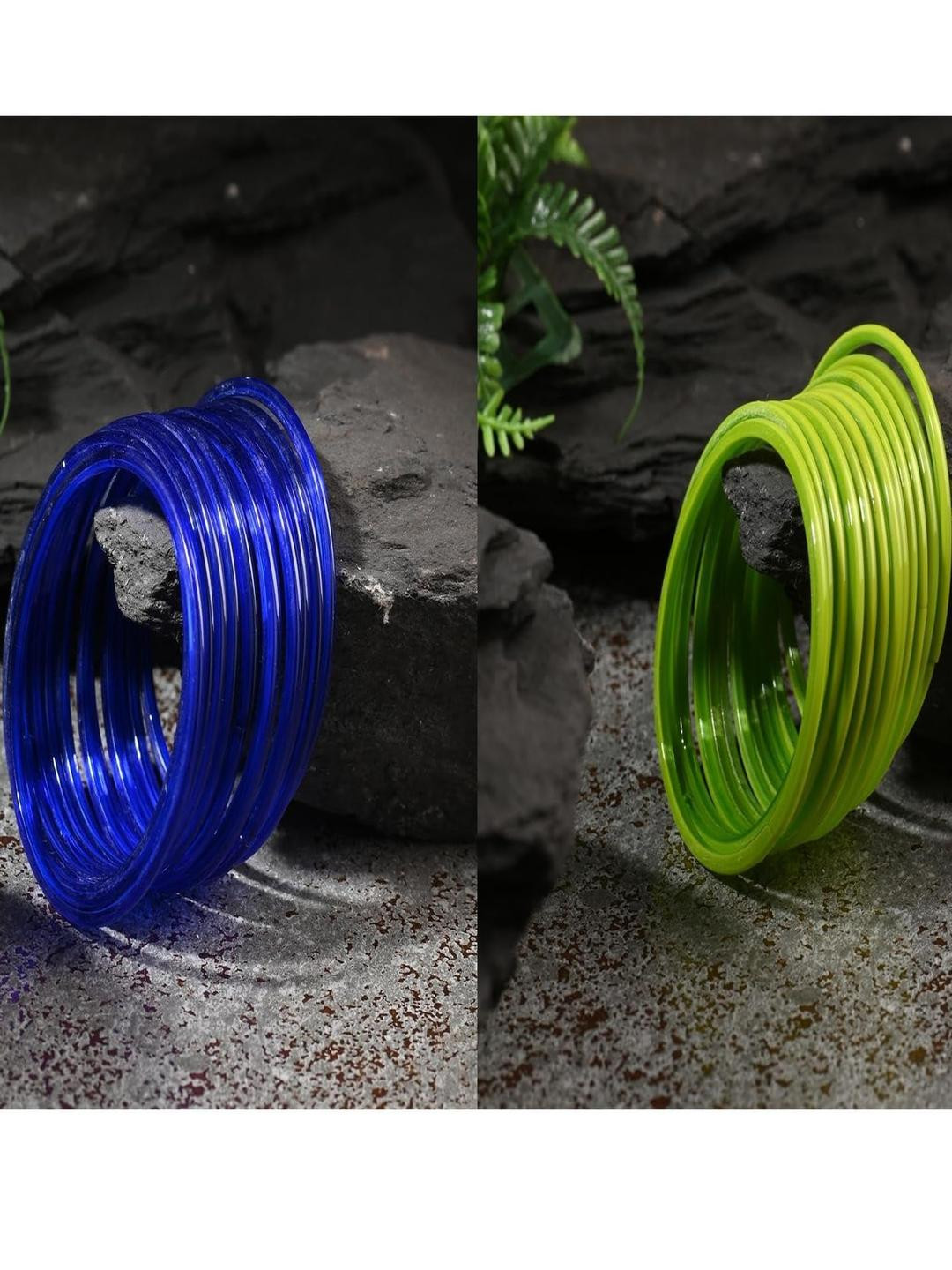 1ST TIME Set Of 2 Blue & Green Glass Artificial Stones & Beads Antique Bangles