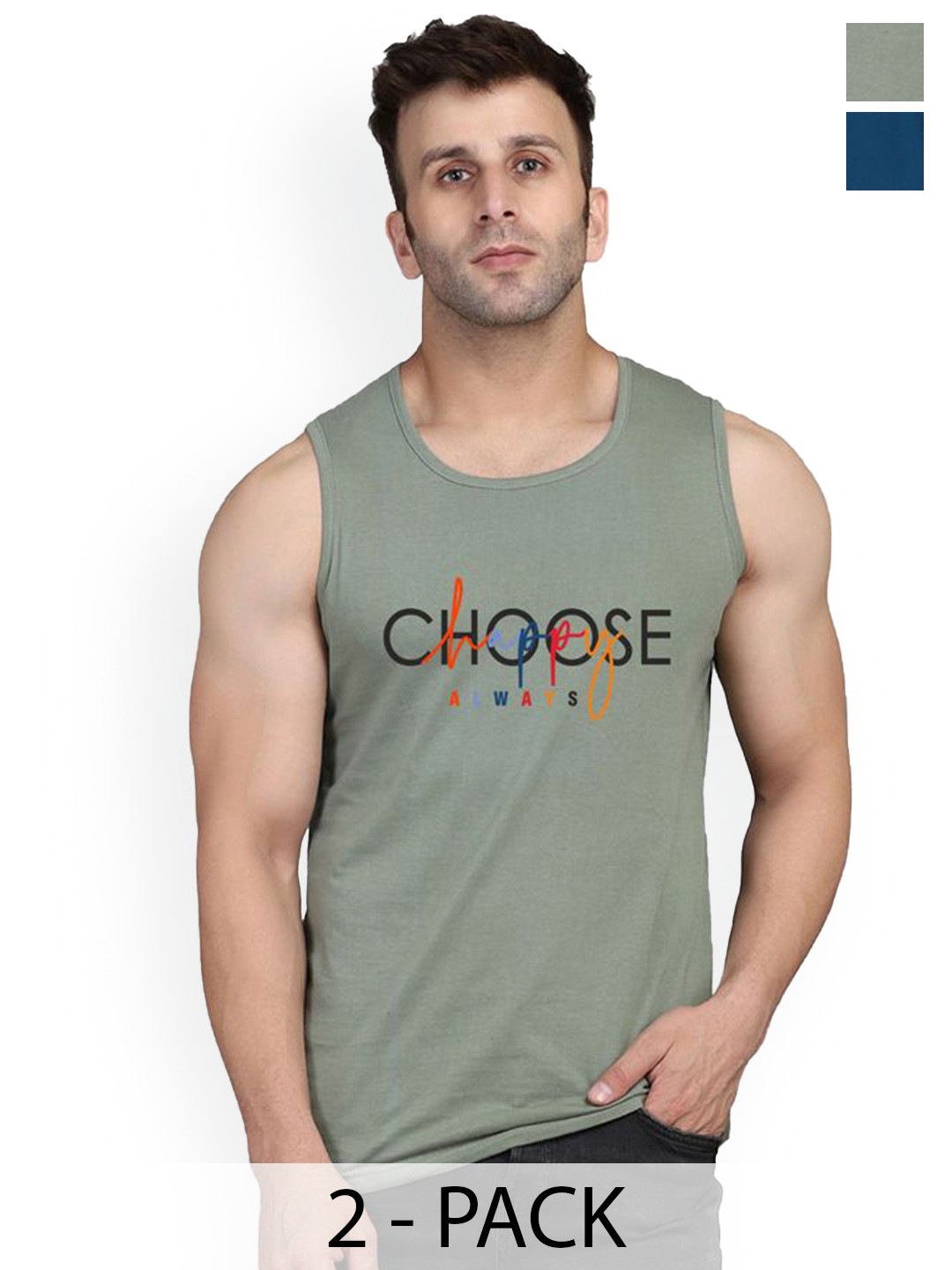 SLOWLORIS Pack Of 2 Printed Combed Cotton Bio-Wash Gym Vests VSL26 CMB(CHS LGTGREEN)(ADV P