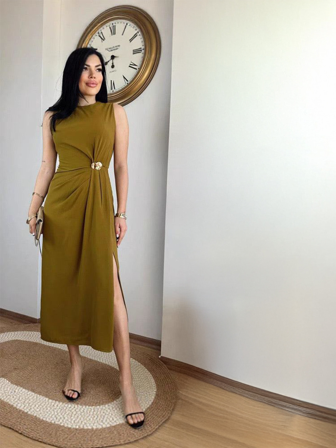 Miss Mosa By Akanksha  Olive Desmia Luxe Slit Maxi Dress