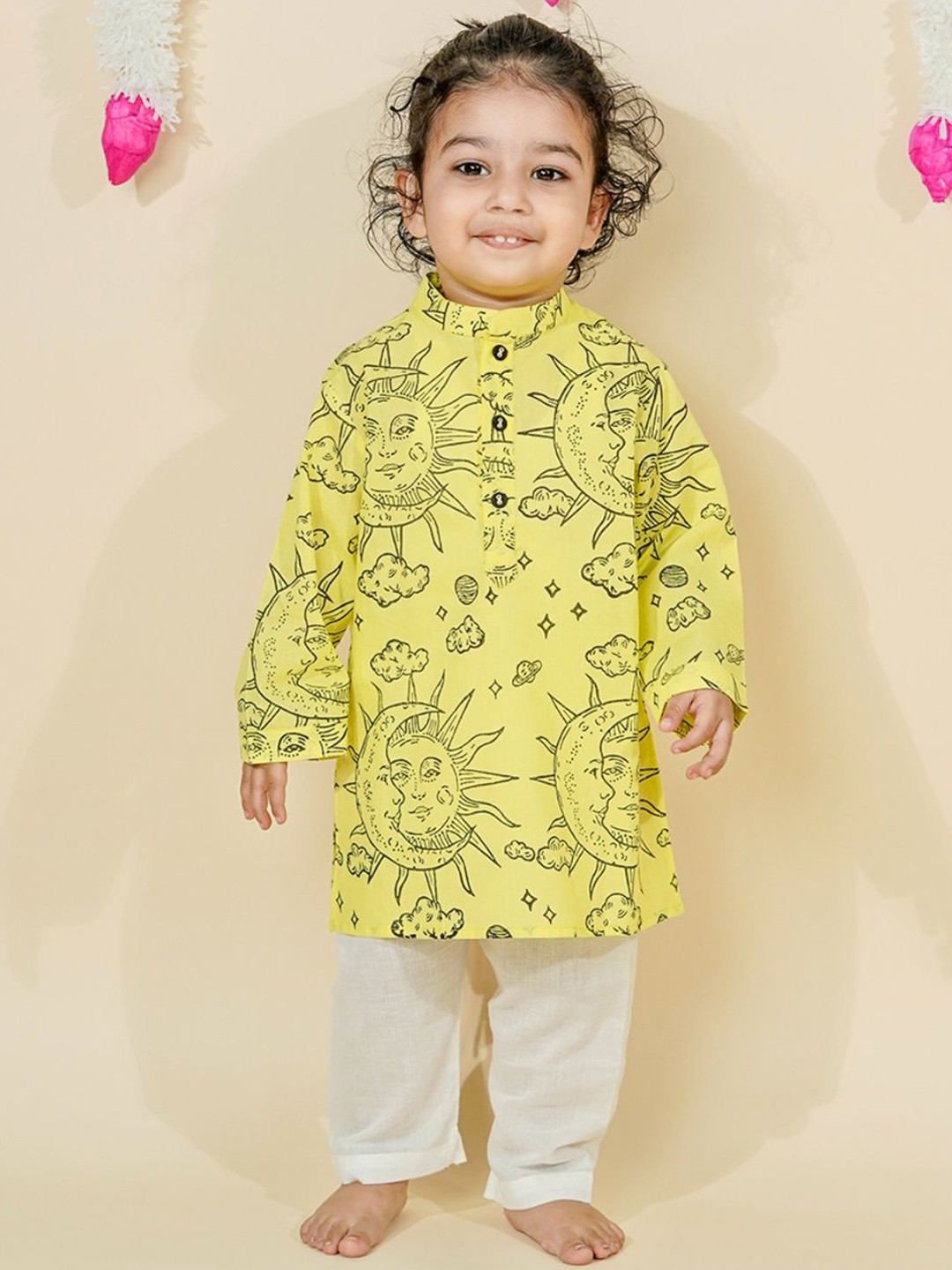 Chanda Mama Boys Geometric Printed Mandarin Collar Pure Cotton Straight Kurta With Pyjamas