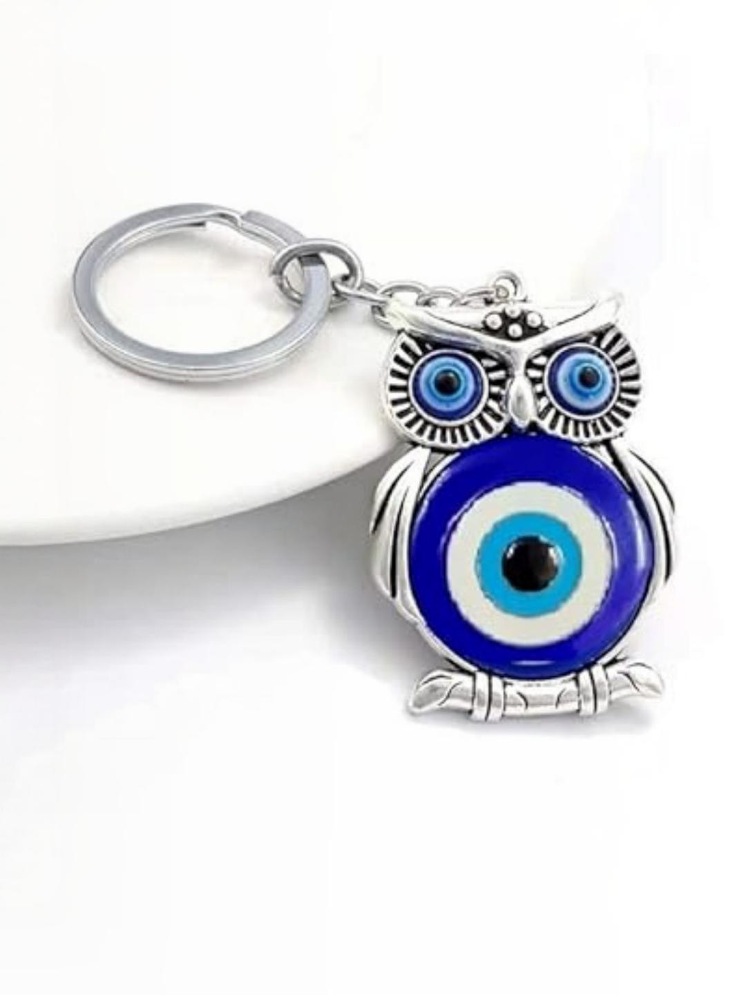 BLUE BEADS Blue & Silver Evil Eye Owl Keychain