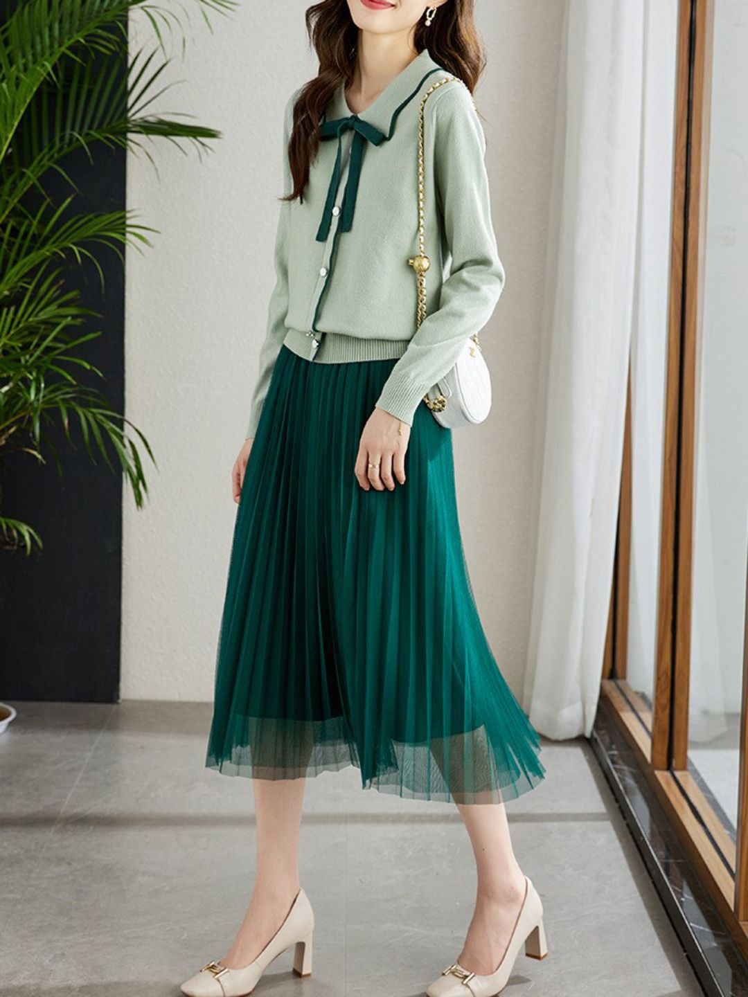 StyleCast Women Peter Pan Collar Cotton Cardigan with Bow Tie