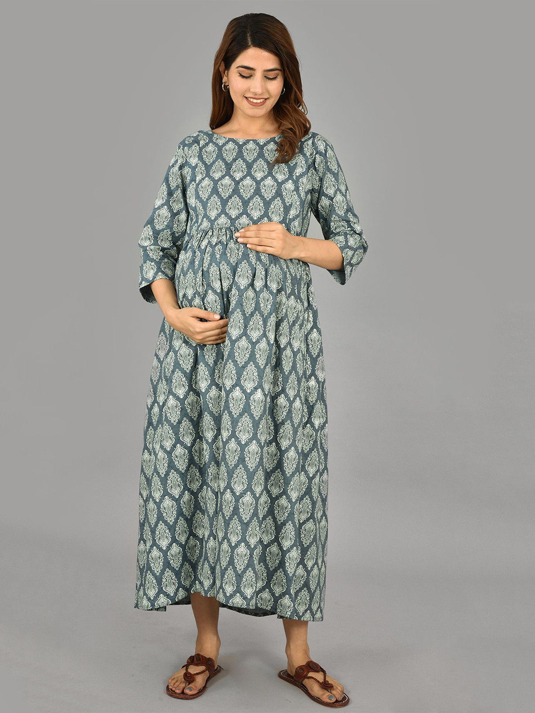 Negen Ethnic Motifs Printed Cotton Maternity Fit & Flare Maxi Dress