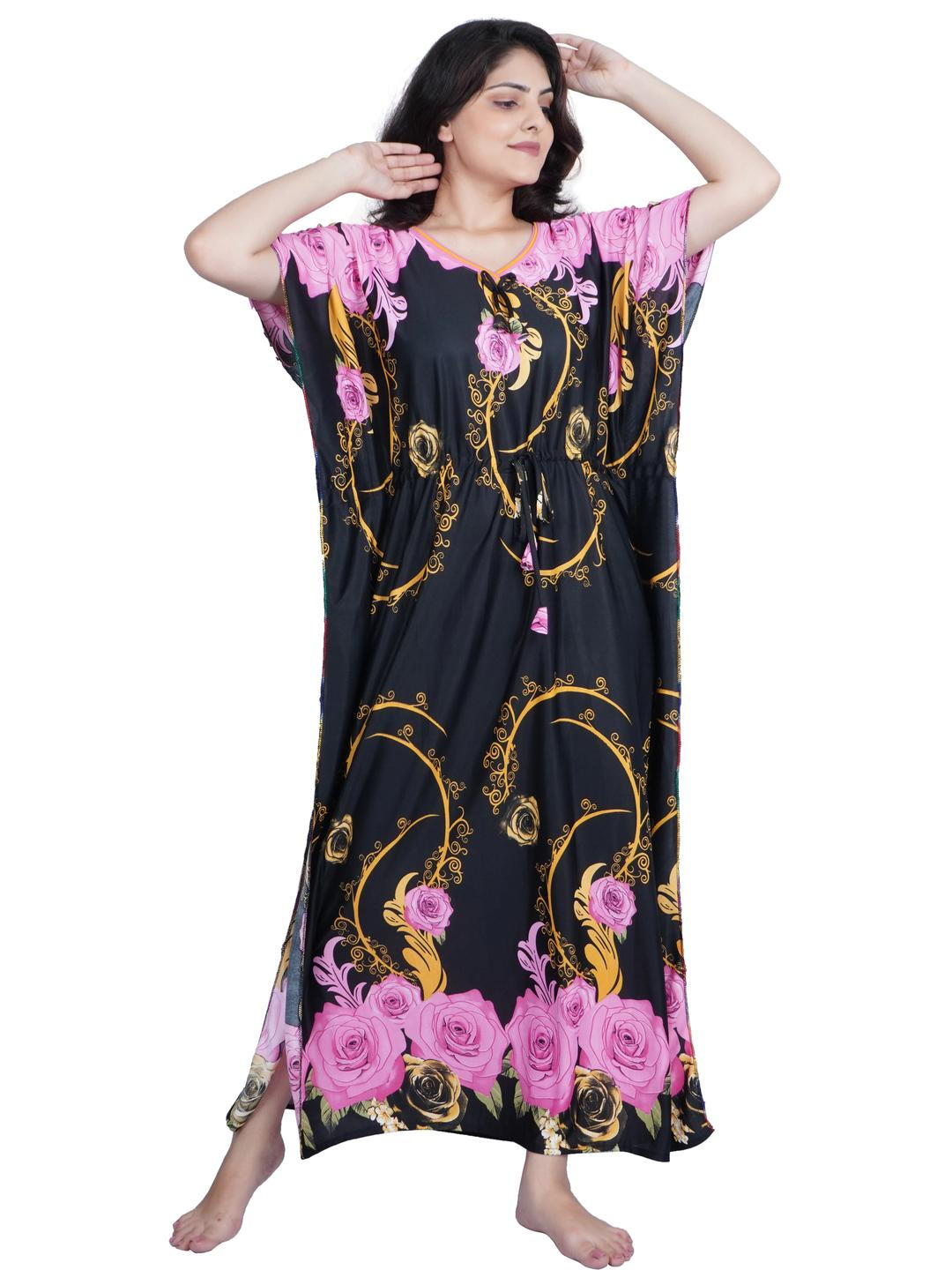 PURSA Women Black & Pink Floral Print Kaftan Nightdress