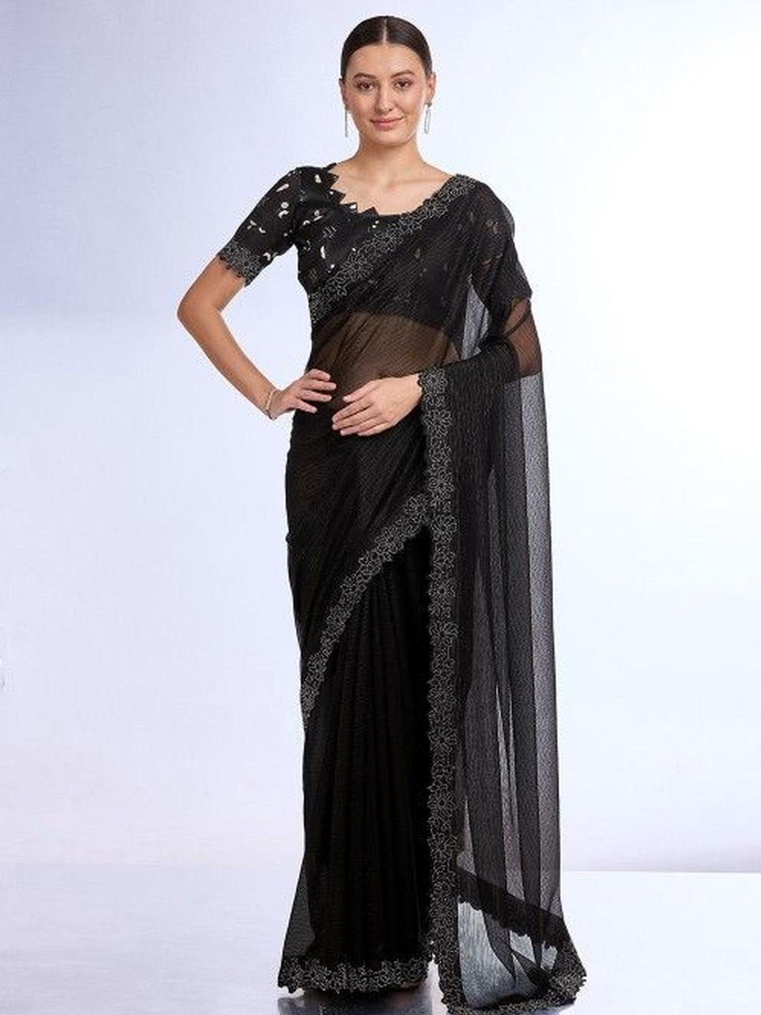 KARAGIRI Black Georgette Saree With Blouse Piece