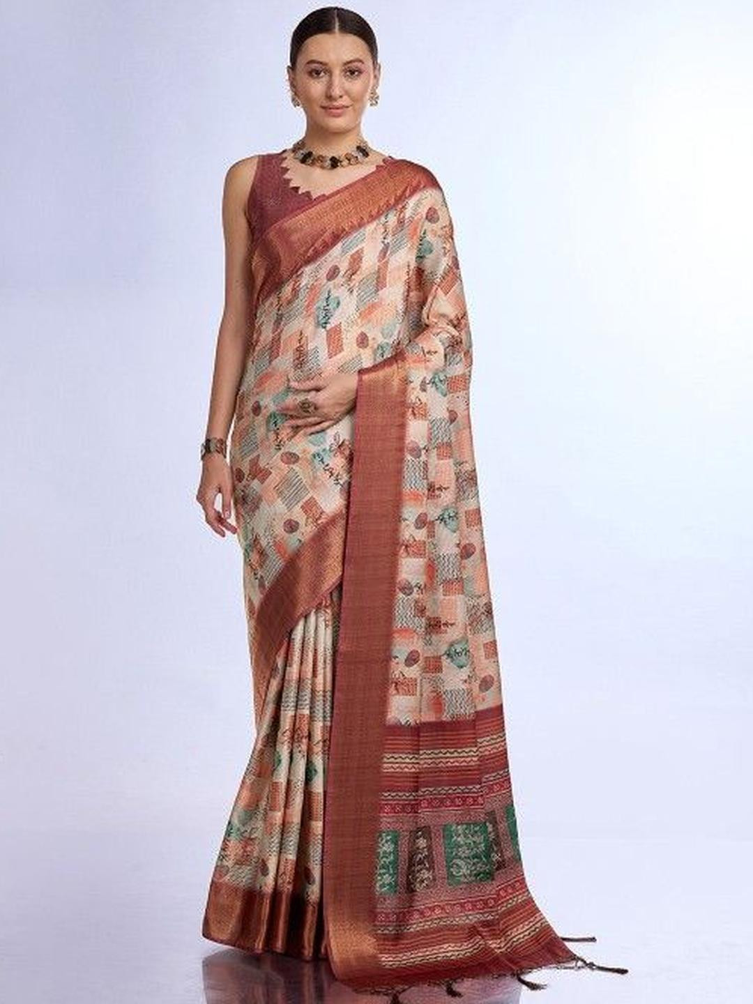 KARAGIRI Woven Design Cream Tissue Saree With Blouse Piece