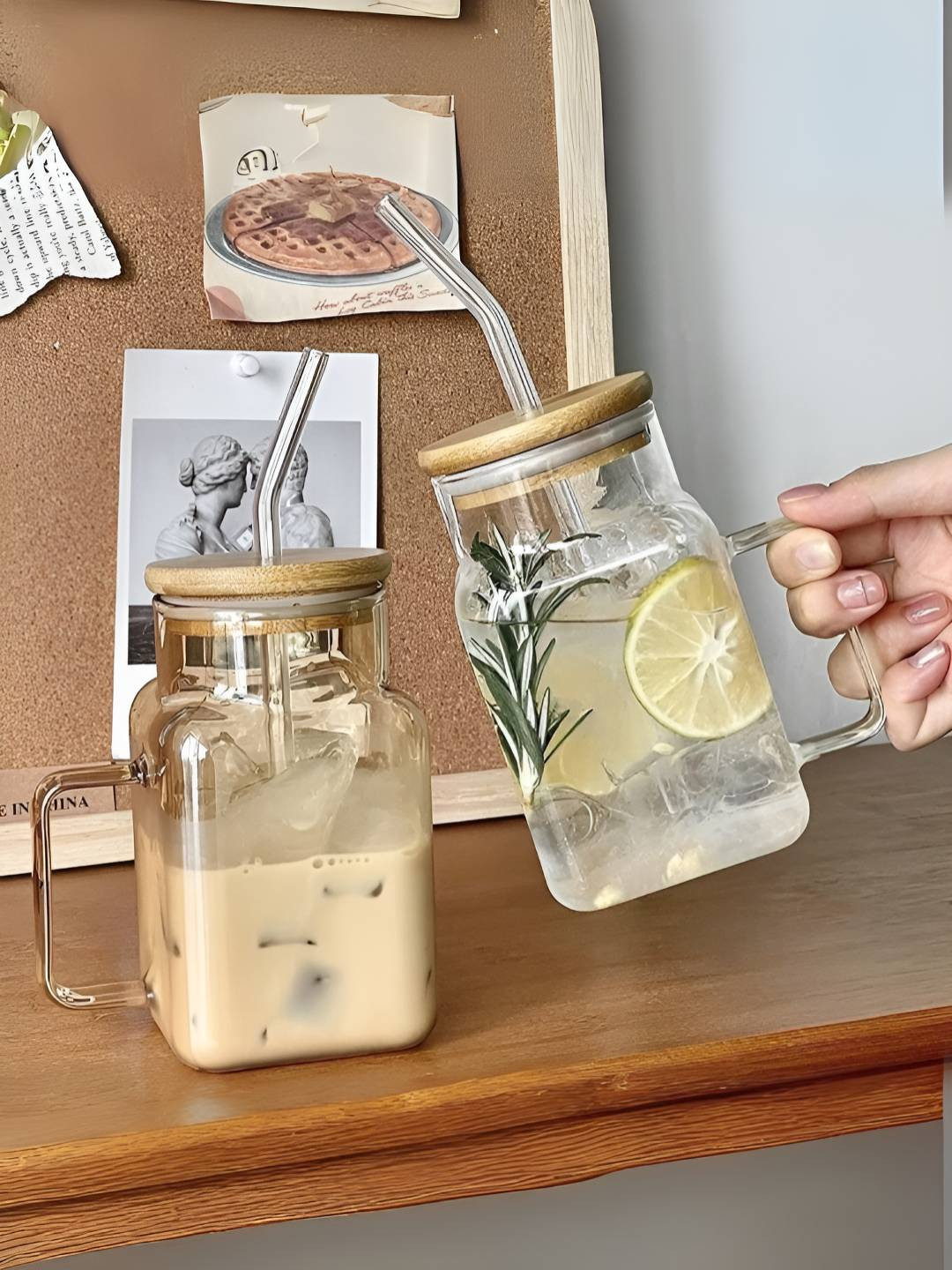 SMOKEY COCKTAIL Transparent & Brown 2 Pieces Wooden Lid Coffee Mugs