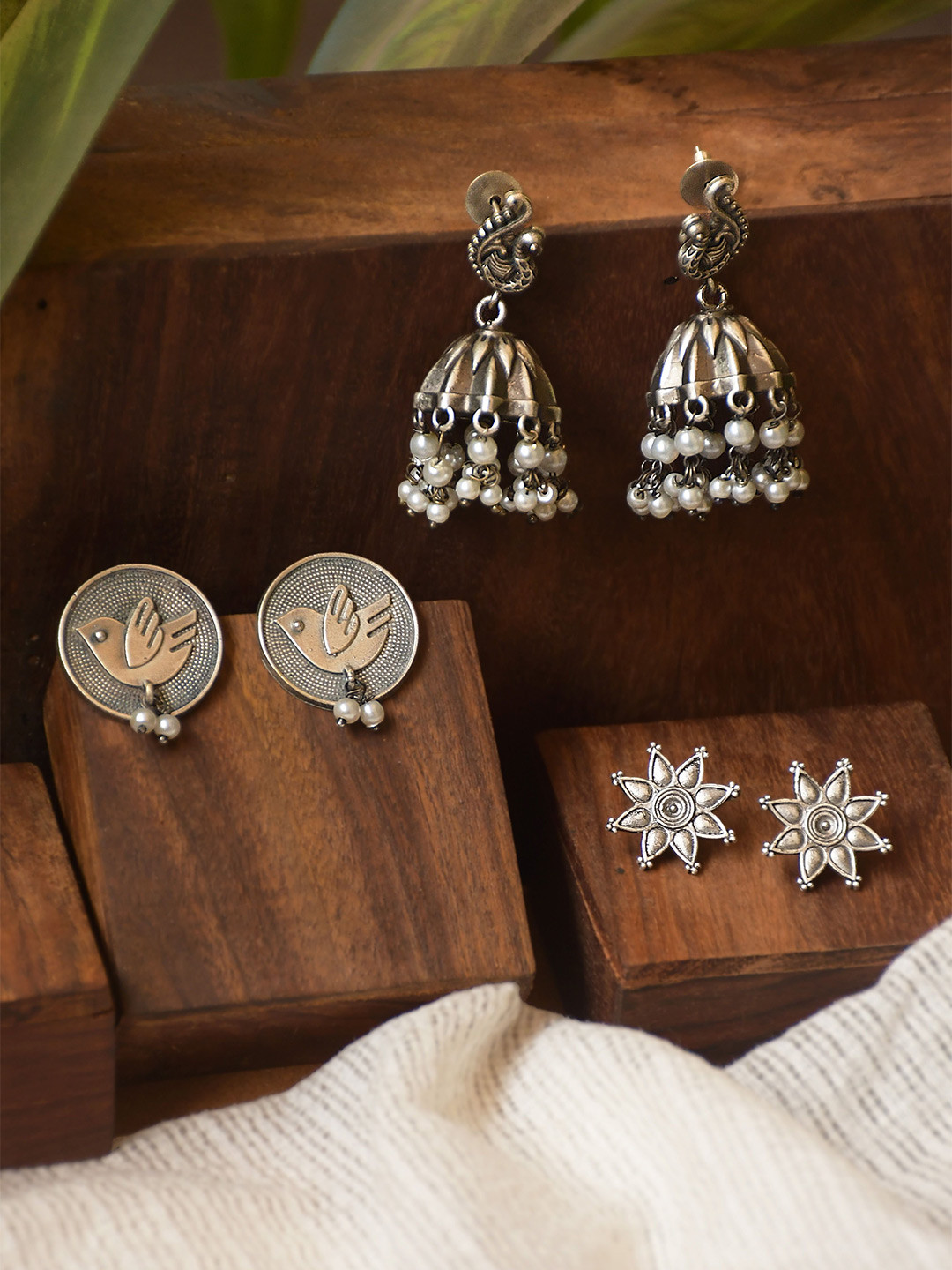 NAMAN ARTS Set Of 3 Silver-Plated Oxidised Floral Shaped Studs