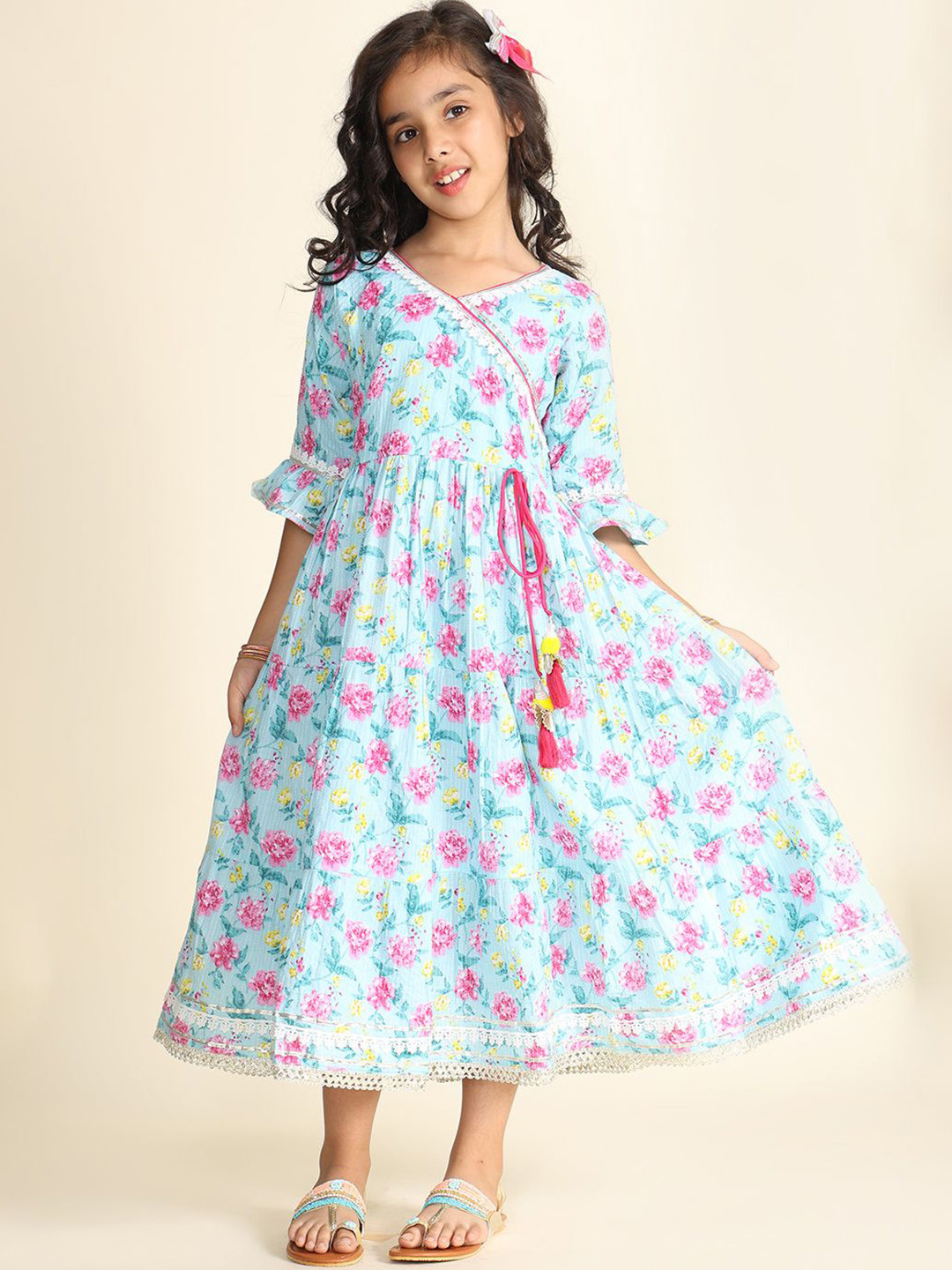 LIL PITAARA Girls Floral Printed Pure Cotton Wrap Midi Dress