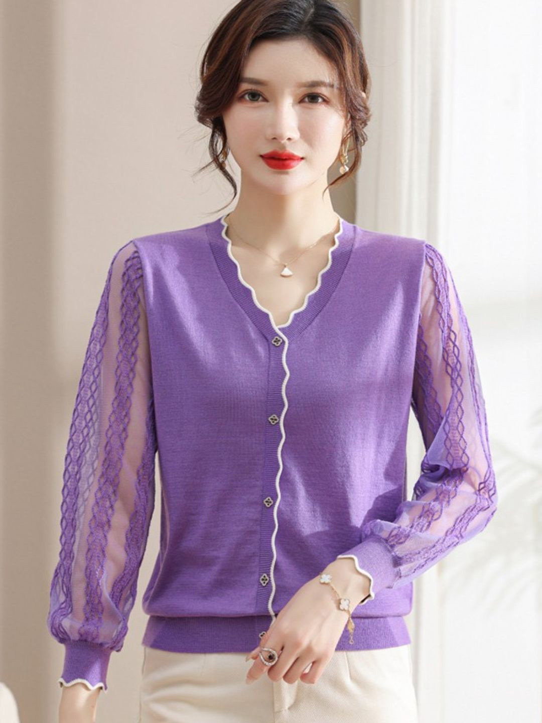 StyleCast Feminine Women V-Neck Cardigan Sweaters With Sheer Lace Sleeves