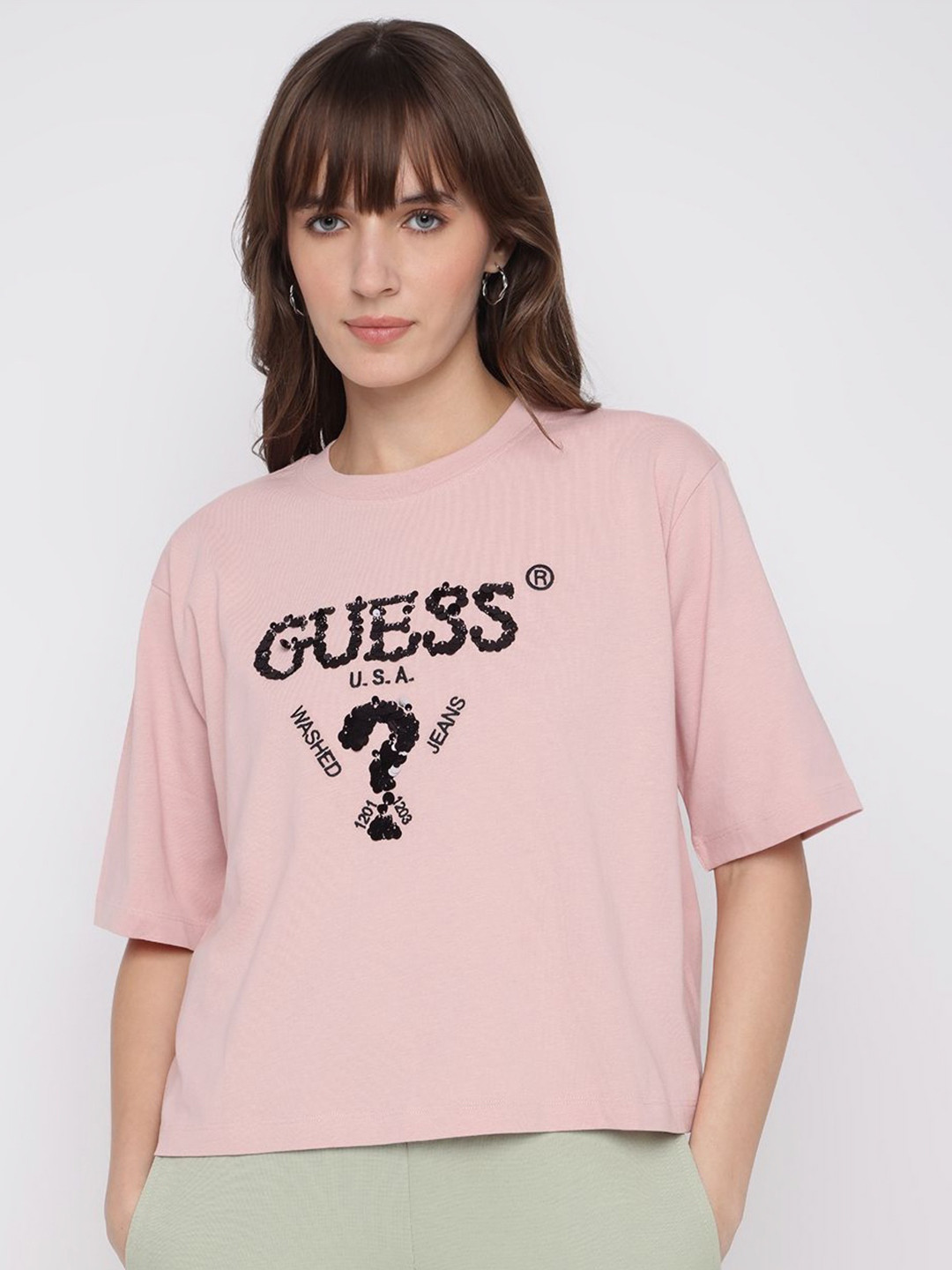 GUESS Typography Printed Round Neck Drop-Shoulder Sleeves Pure Cotton Crop T-Shirt
