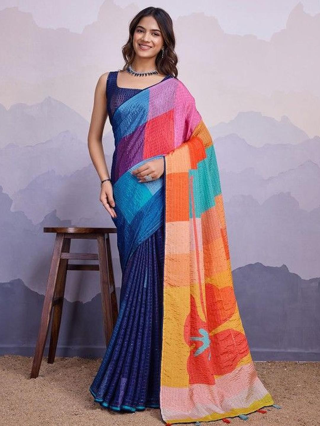 KARAGIRI Checked Orange Silk Blend Daily Wear Saree With Blouse Piece