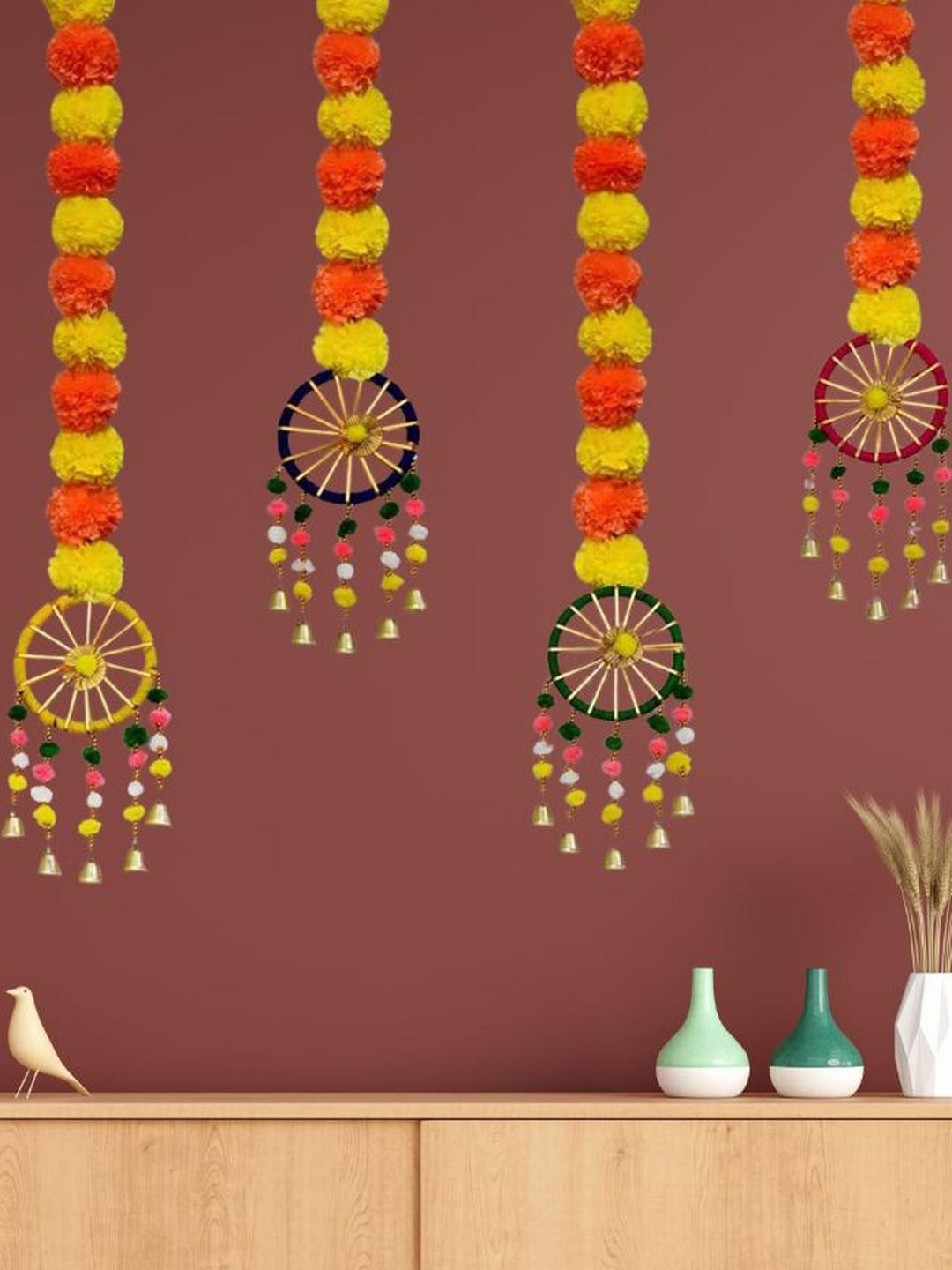 Tiny Shiny Pack of 4 Multicolored Tiny Shiny Marigold Flowers Wall Hanging