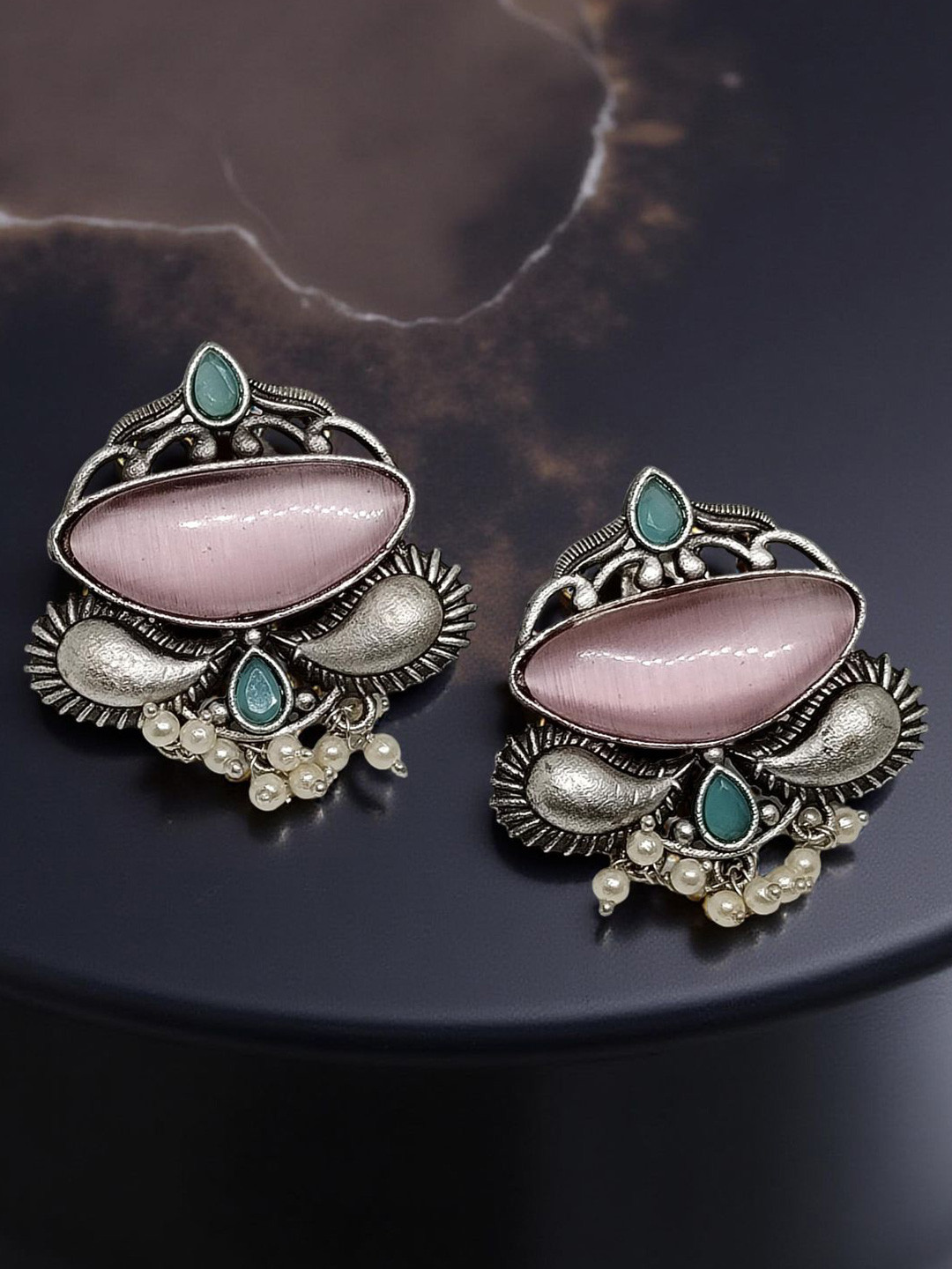VYRA Aquamarine Studded Oxidised Teardrop Shaped Studs