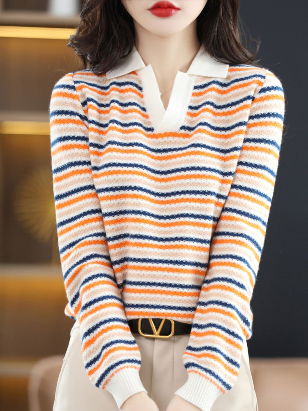 StyleCast Women Striped V-Neck Collared Long Sleeves Sweater