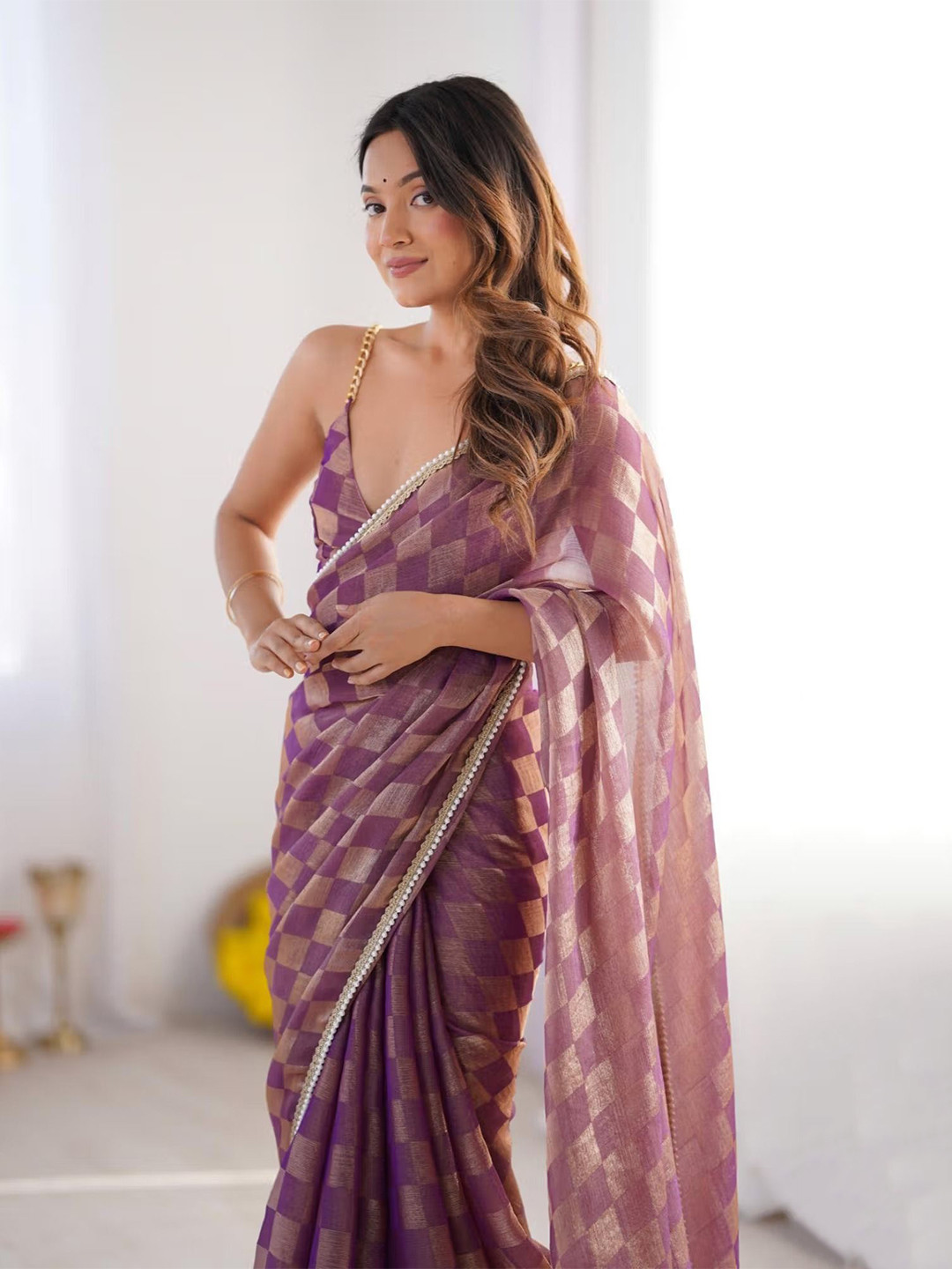all about you Checked Pure Chiffon Saree with Beads and Stones Border