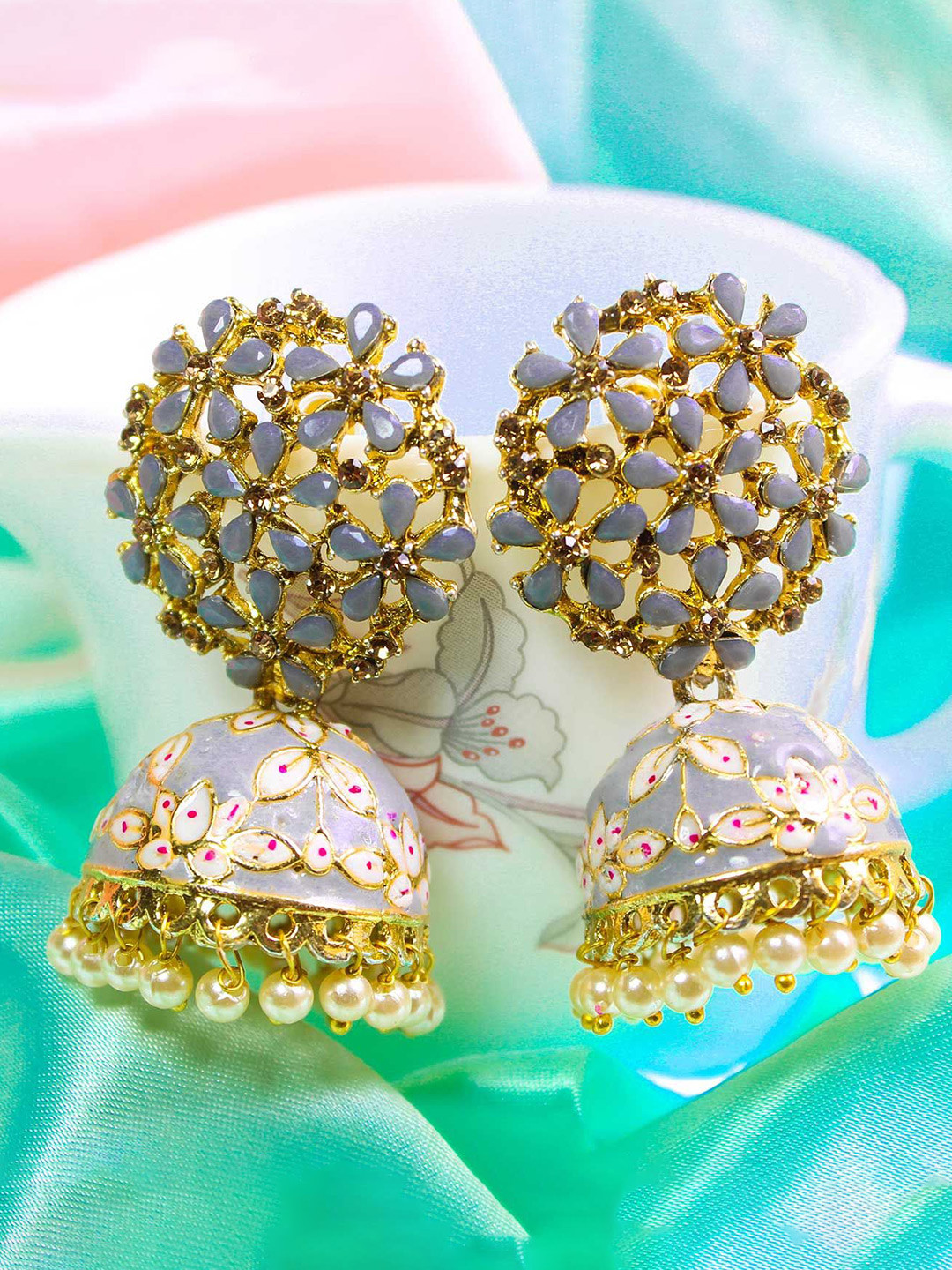 Glamgem Gold-Plated Artificial Stones Studded And Pearls Beaded Dome Shaped Jhumkas