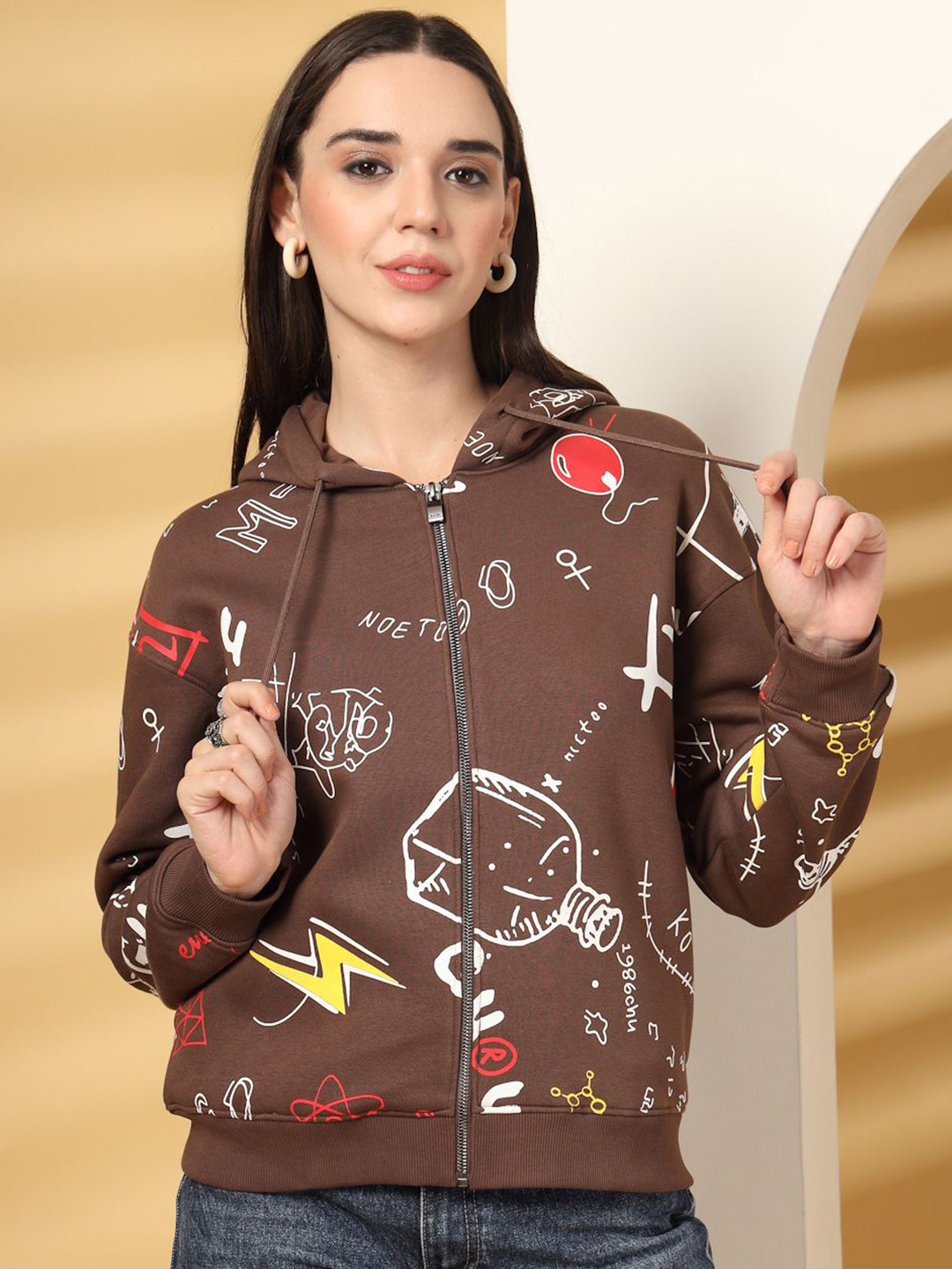 Juelle Women Printed Hooded Front Open Mocha Mousse Sweatshirt