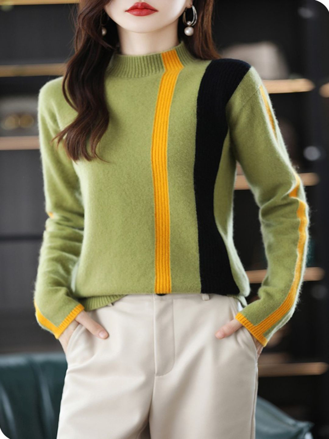 StyleCast Women Colourblocked Striped Long Sleeve Mock Neck Cotton Sweater