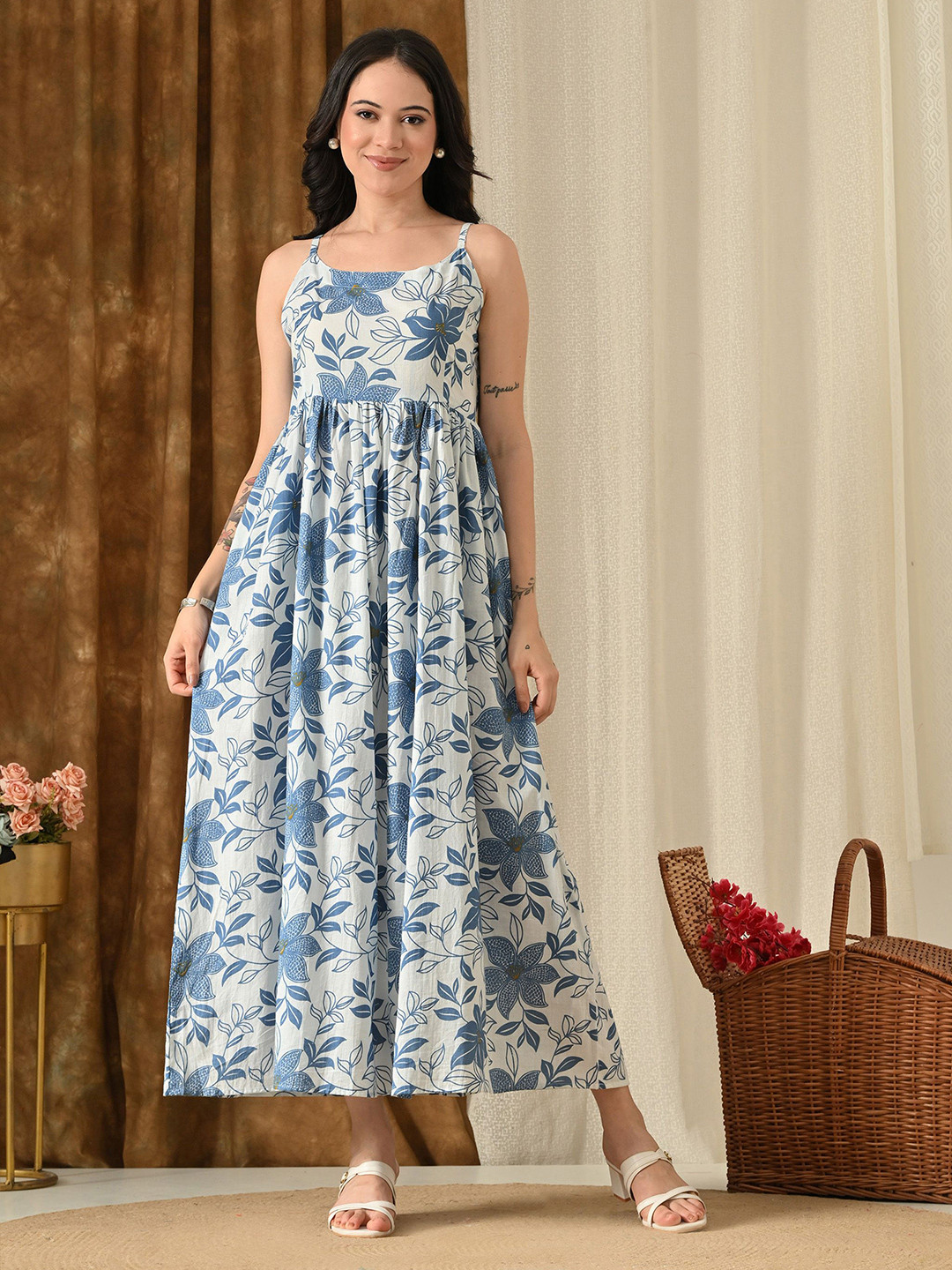 SIJOPA Women Floral Printed Shoulder Straps Pure Cotton Fit & Flare Midi Dress
