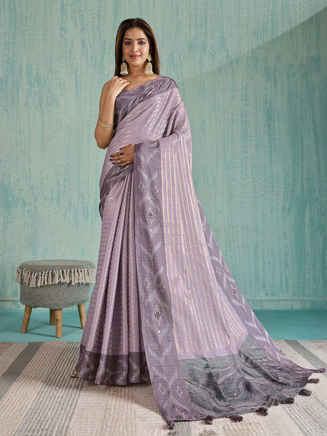 Mitera Women Striped Woven Design Saree with Velvet Border with Unstitched Printed Blouse