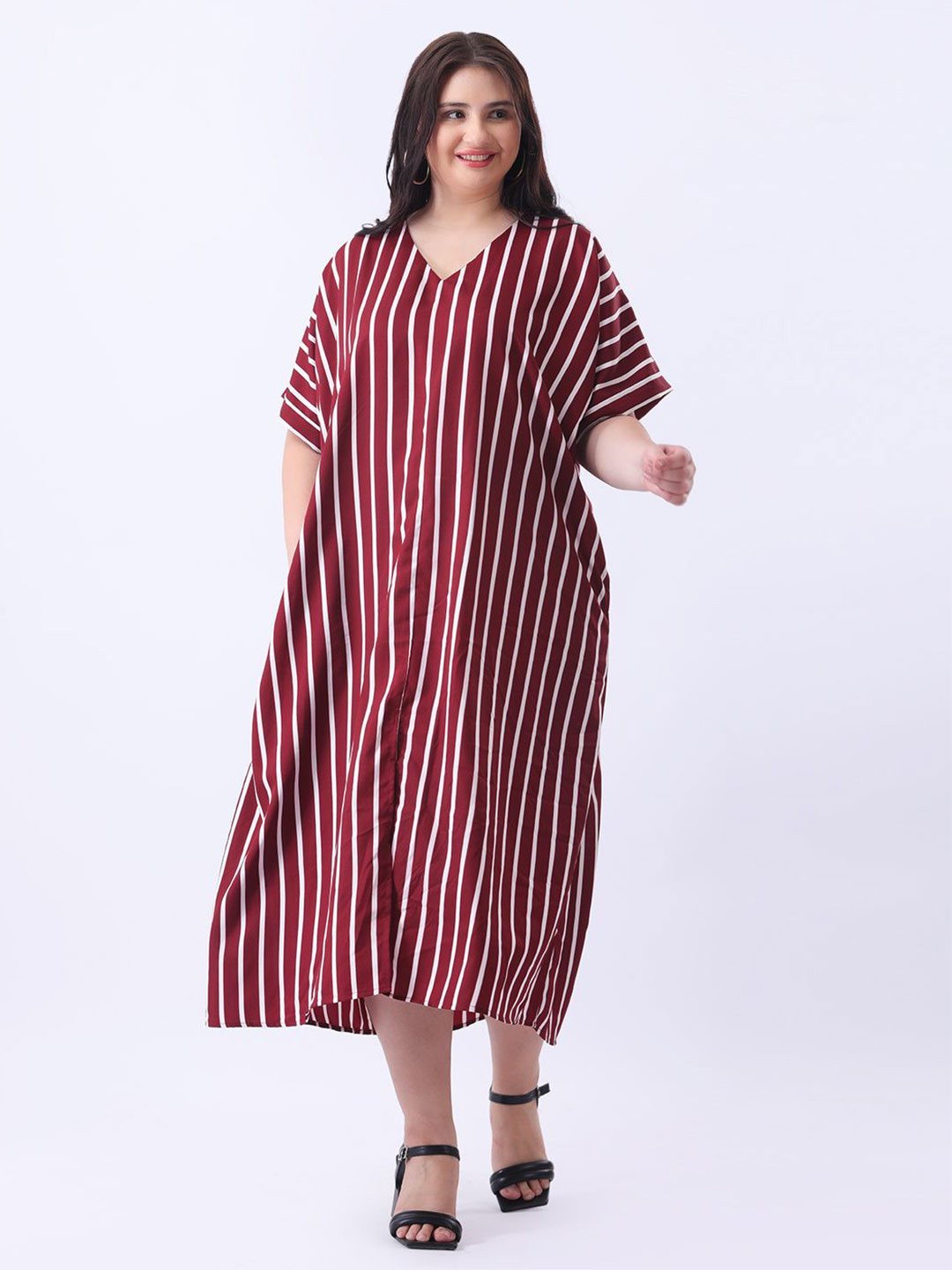 Qurvii+ Women V-Neck Striped Printed Shirt Midi Dress