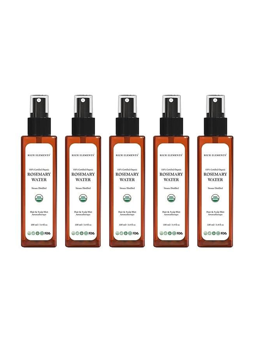 Rich Elements Set Of 5 100% Organic Rosemary Water Spray - 100 ml Each