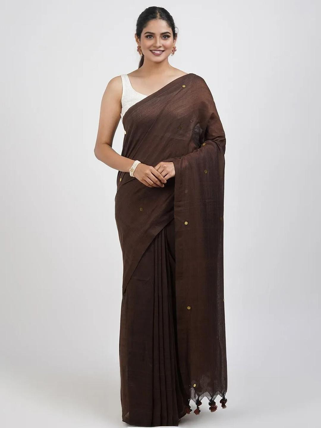Moda Rapido Solid Mirror Work Pure Cotton Khadi Saree with Mirror Work