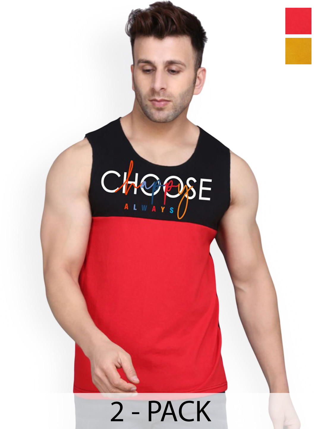 SLOWLORIS Pack Of 2 Printed Combed Cotton Bio-Wash Gym Vests VSL26 CMB(CHS BLACKRED)(NVR M