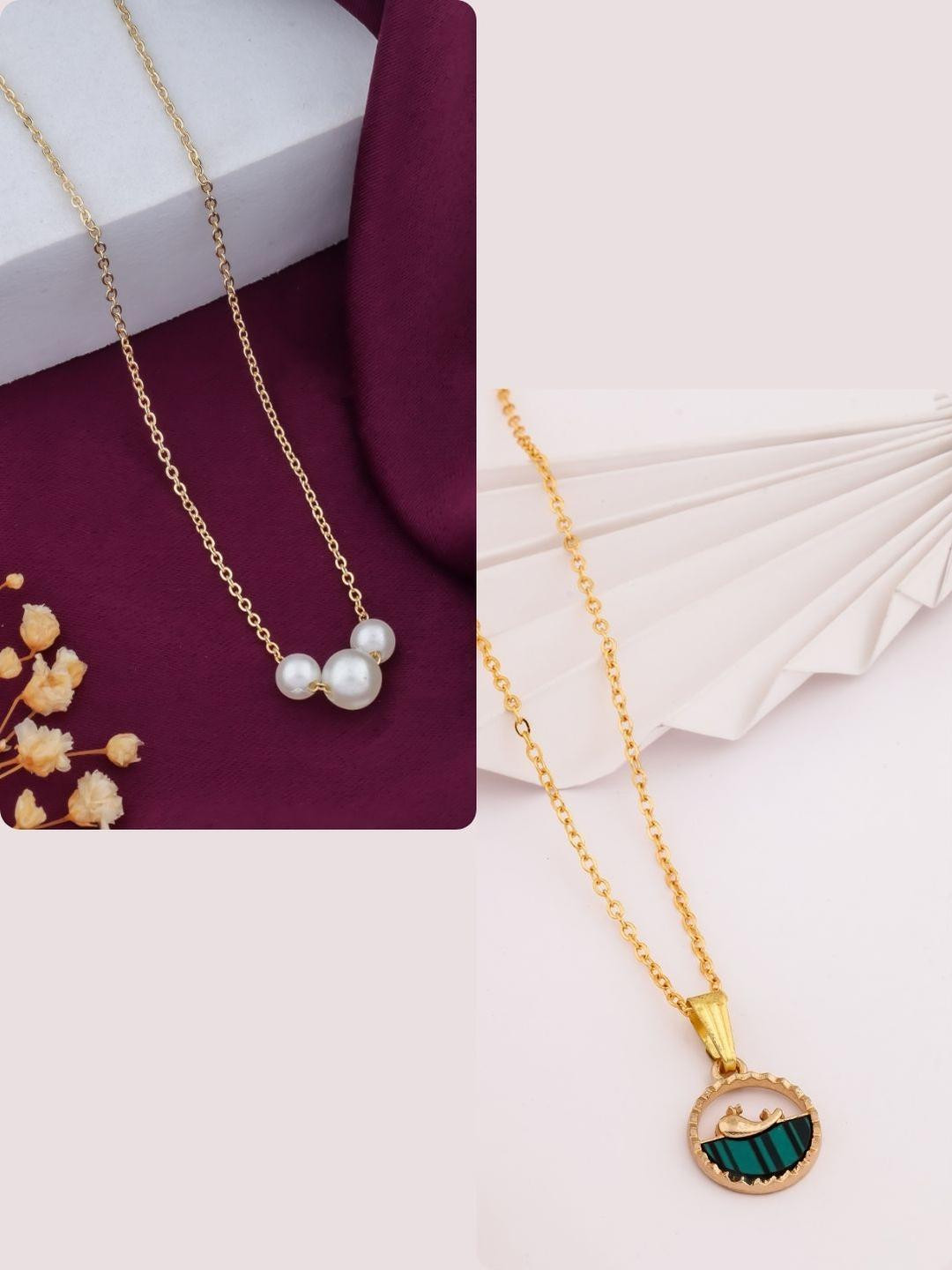 DressBerry Women Set Of 2 Green & White Brass Gold-Plated Charm Chains