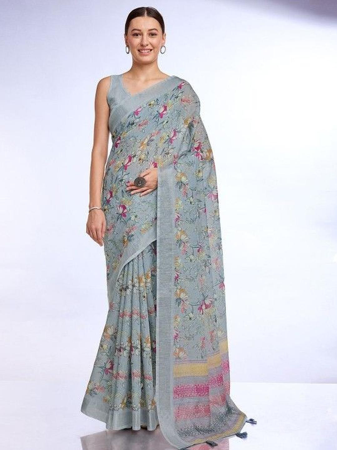 KARAGIRI Grey Linen Blend Saree With Blouse Piece