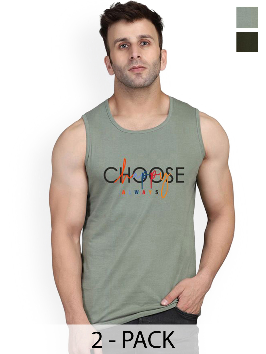 SLOWLORIS Pack Of 2 Printed Combed Cotton Bio-Wash Gym Vests VSL26 CMB(CHS LGTGREEN)(CHS O