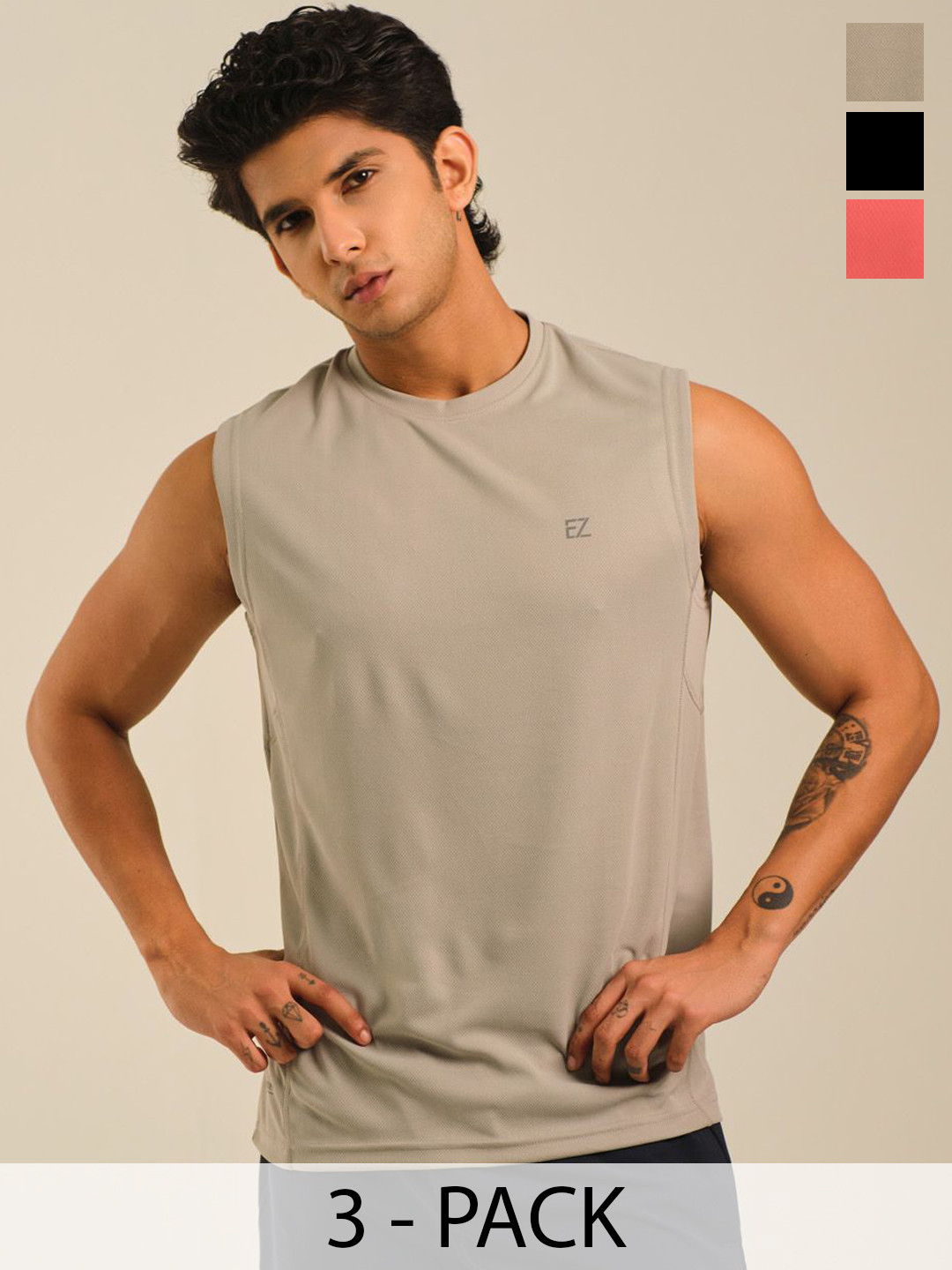 EAZY Pack Of 3 Round Neck Dry-Fit Tank Vests EZ_QDRN_BLUEC_PGREY_CORAL_S