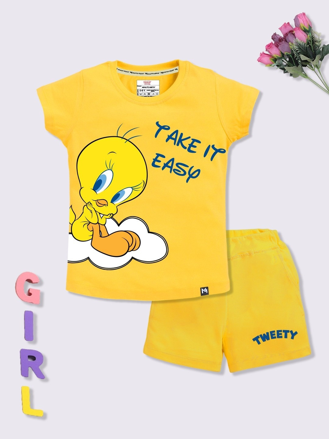 YK X Minute Mirth Girls Tweety Printed Pure Cotton Clothing Set