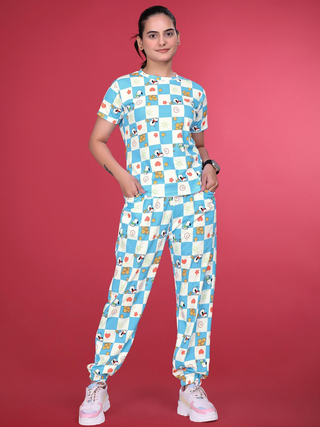 SAKARMAA Women Blue & White Printed Short Sleeves Track Suit