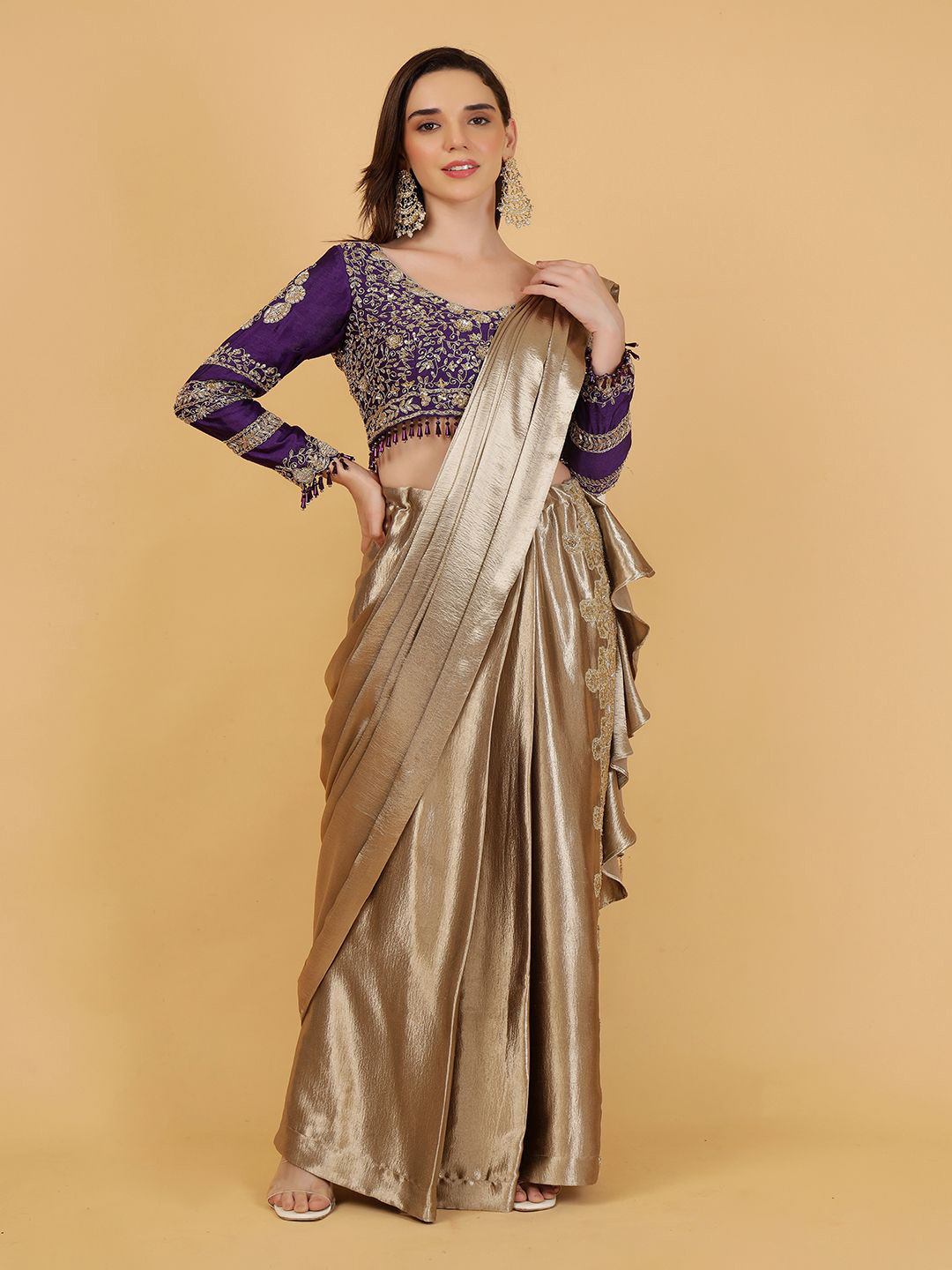 MILU MADAN Embroidered Satin Ruffles Ready to Wear Lehenga Saree