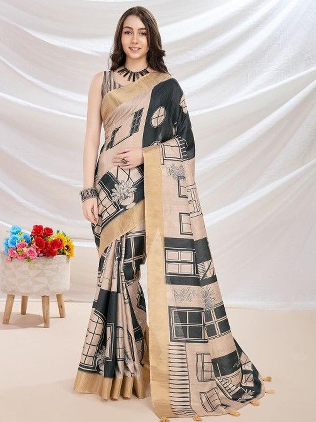 KARAGIRI Beige Festive Wear Saree With Blouse Piece