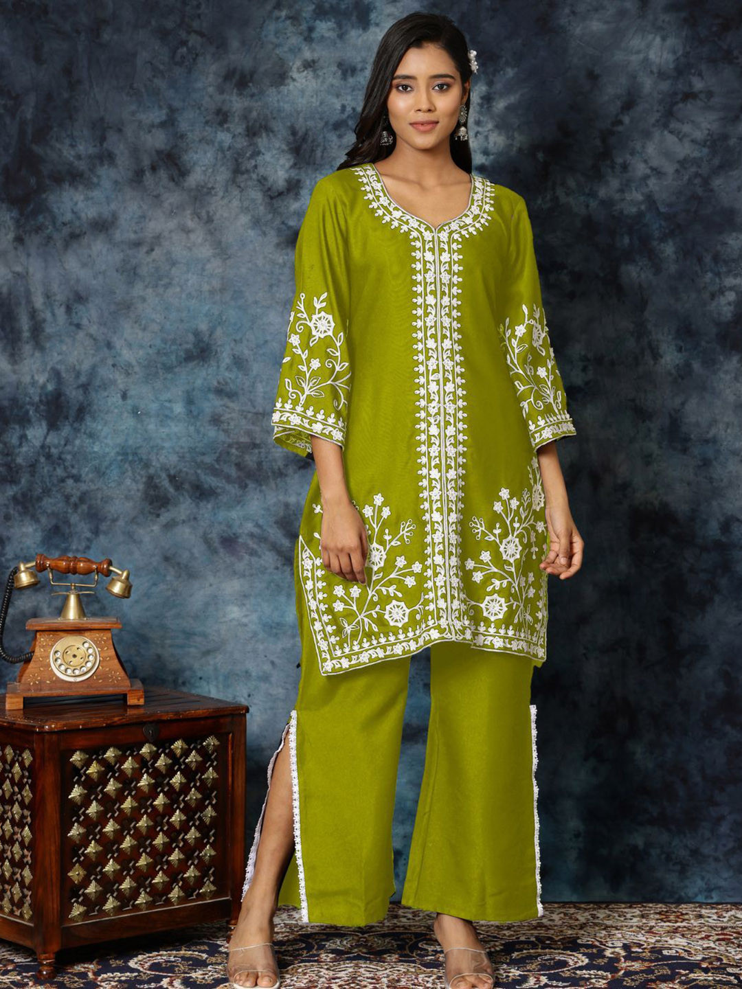 Sangria Chikankari Embroidered A-Line Kurta & Palazzos