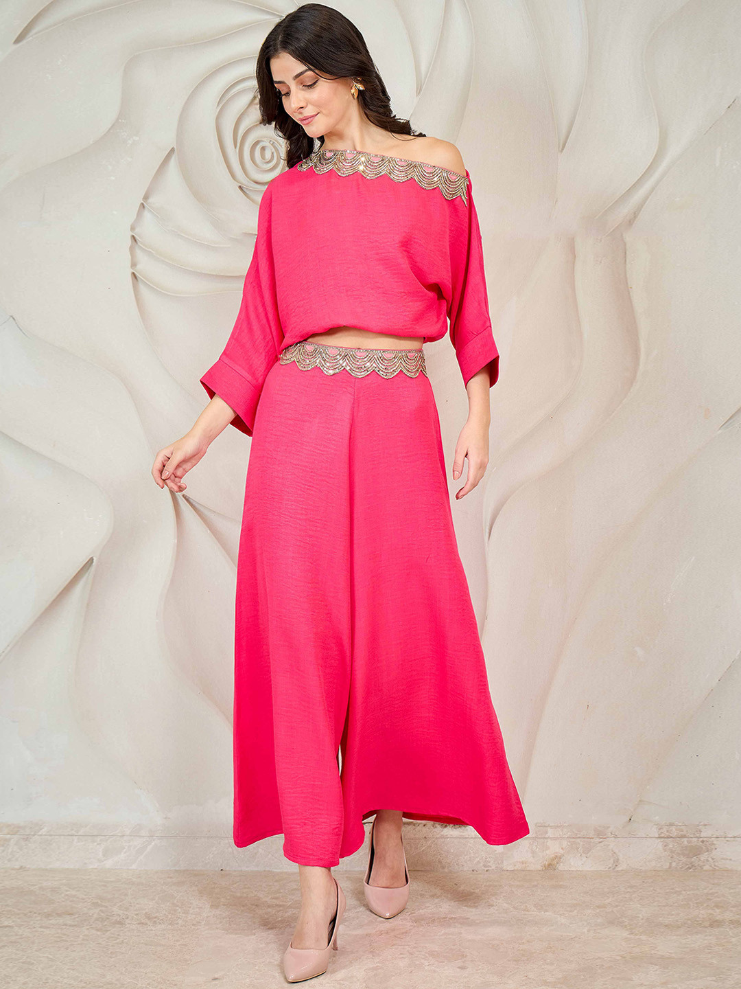 Shally Bhasin by Athena Women Embellished One Shoulder Top & Palazzos Co-Ord Set