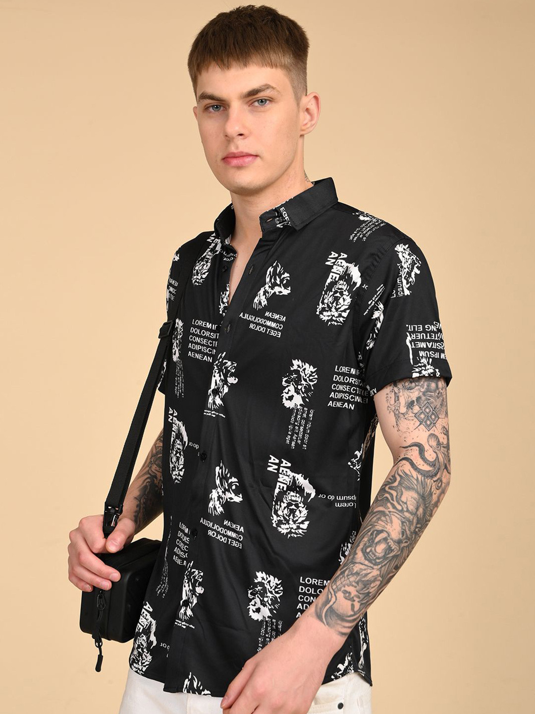 Men Regular Fit Typography Printed Spread Collar Casual Shirt